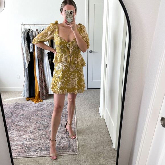 For Love & Lemons Mustard Yellow Velvet Floral Cosmo Mini Dress - Picture 16 of 16